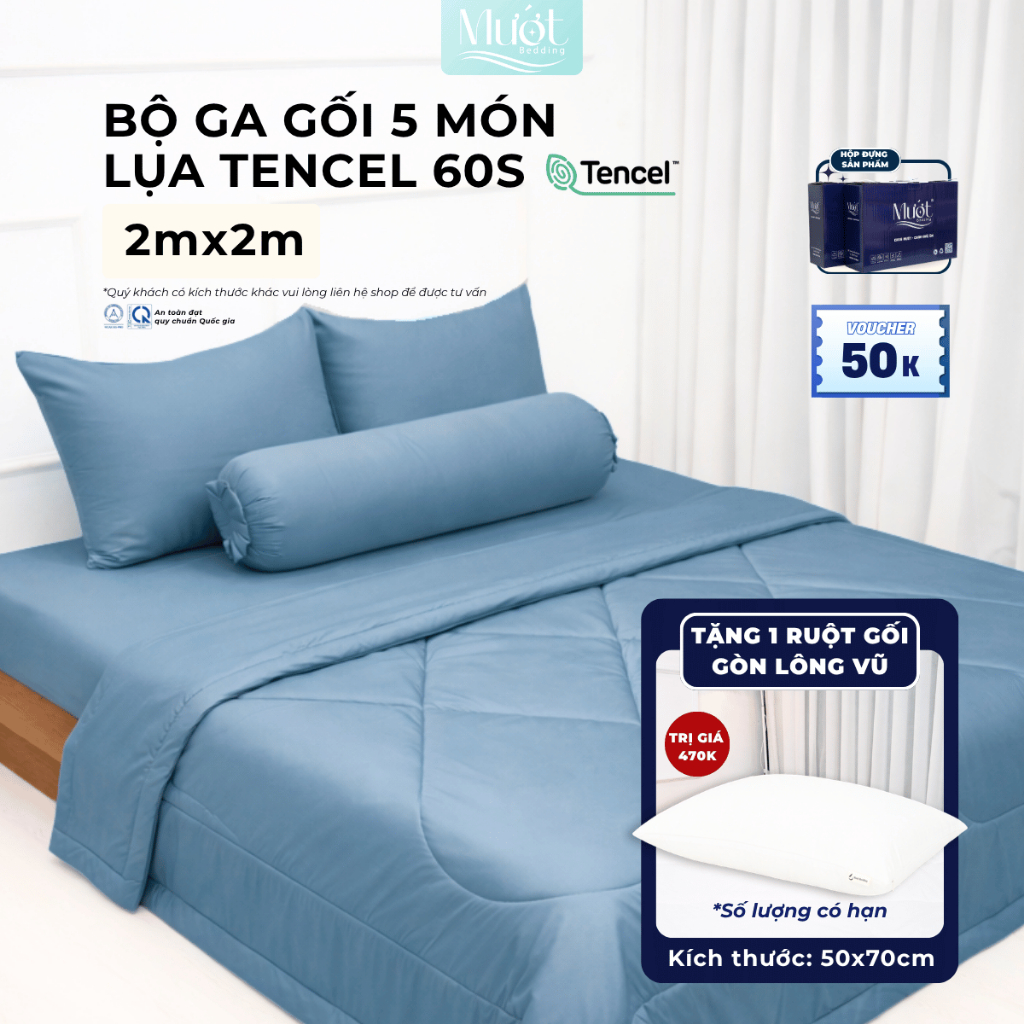 Bộ chăn ga gối 5 món cho nệm kích thước 2mx2m Lụa Tencel 60s Mướt Bedding cao cấp trơn màu