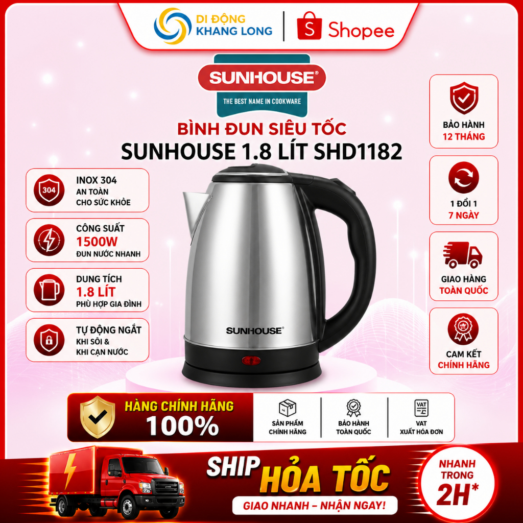 Bình đun siêu tốc Sunhouse 1.8 lít SHD1182 | Sunhouse SHD1184 - Bảo hành 12 tháng