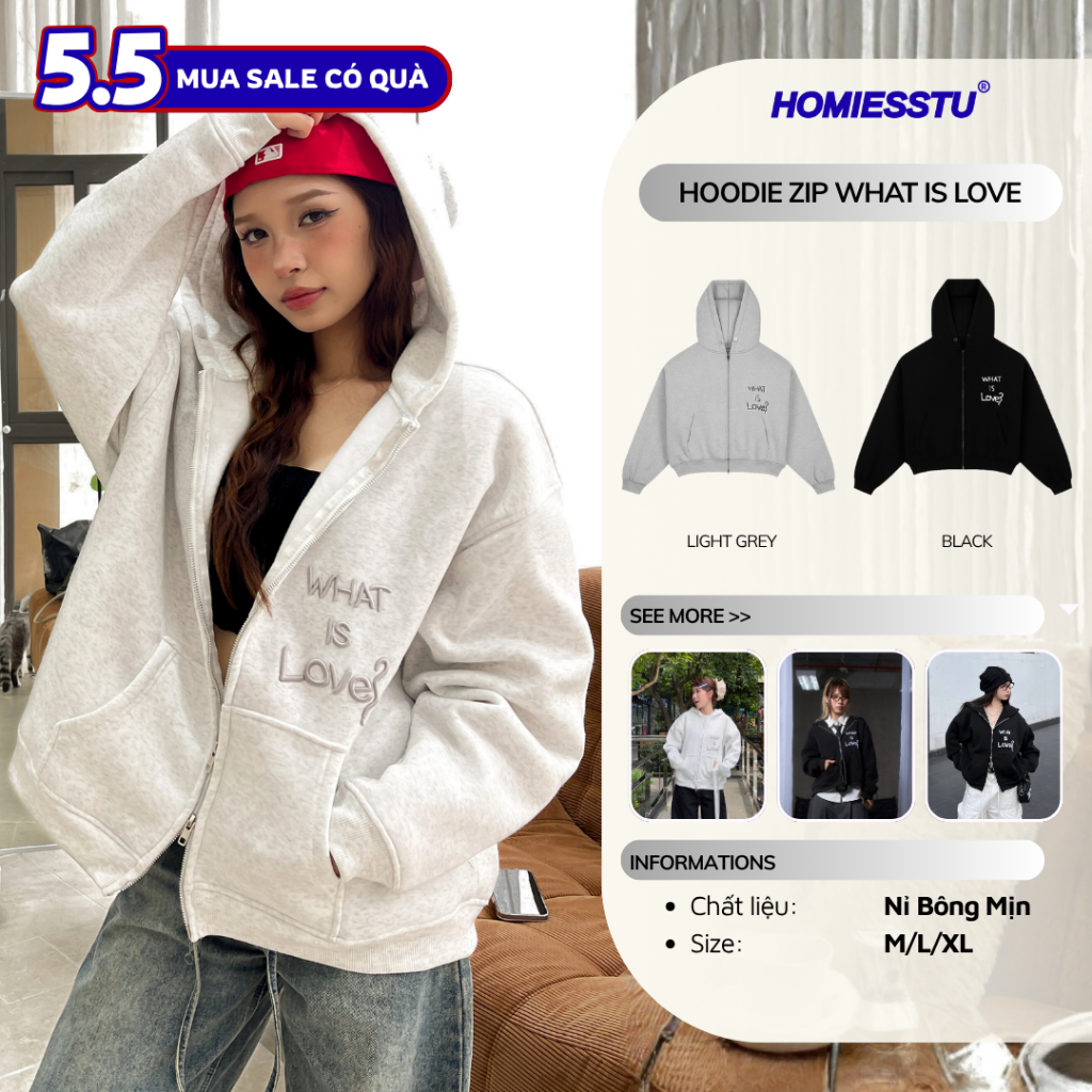 Áo Hoodie Double Zipped Form Boxy WHAT IS LOVE Local Brand Unisex Nam Nữ Oversize - Homies Saigon | BigBuy360 - bigbuy360.vn