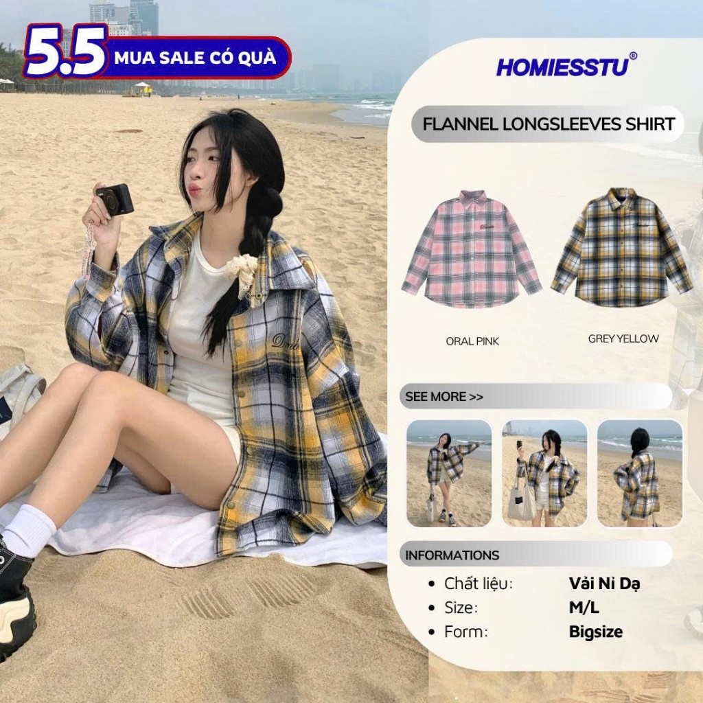 ÁO SƠ MI FLANNEL CARO TAY DÀI FROM RỘNG OVERSIZE - Áo sơ mi unisex nam nữ 45kg-85kg - Homies Saigon | BigBuy360 - bigbuy360.vn