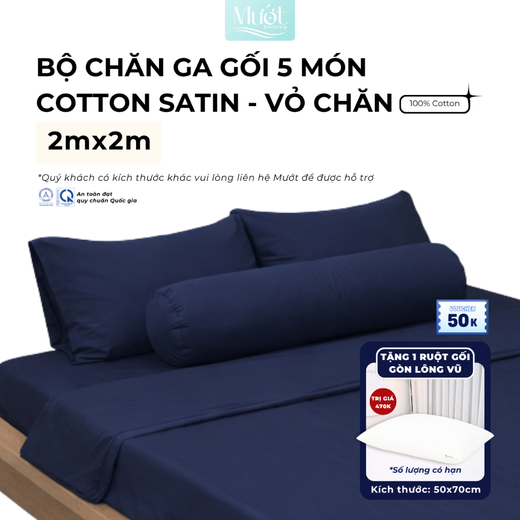 Bộ chăn ga gối 5 món nệm kích thước 2mx2m Cotton Satin Mướt Bedding cao cấp trơn màu
