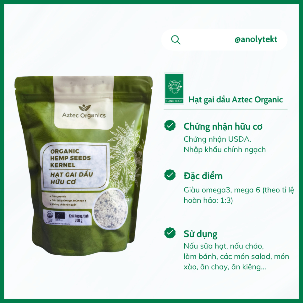 Hạt gai dầu hữu cơ Aztec Organic - có tách lẻ 200gr