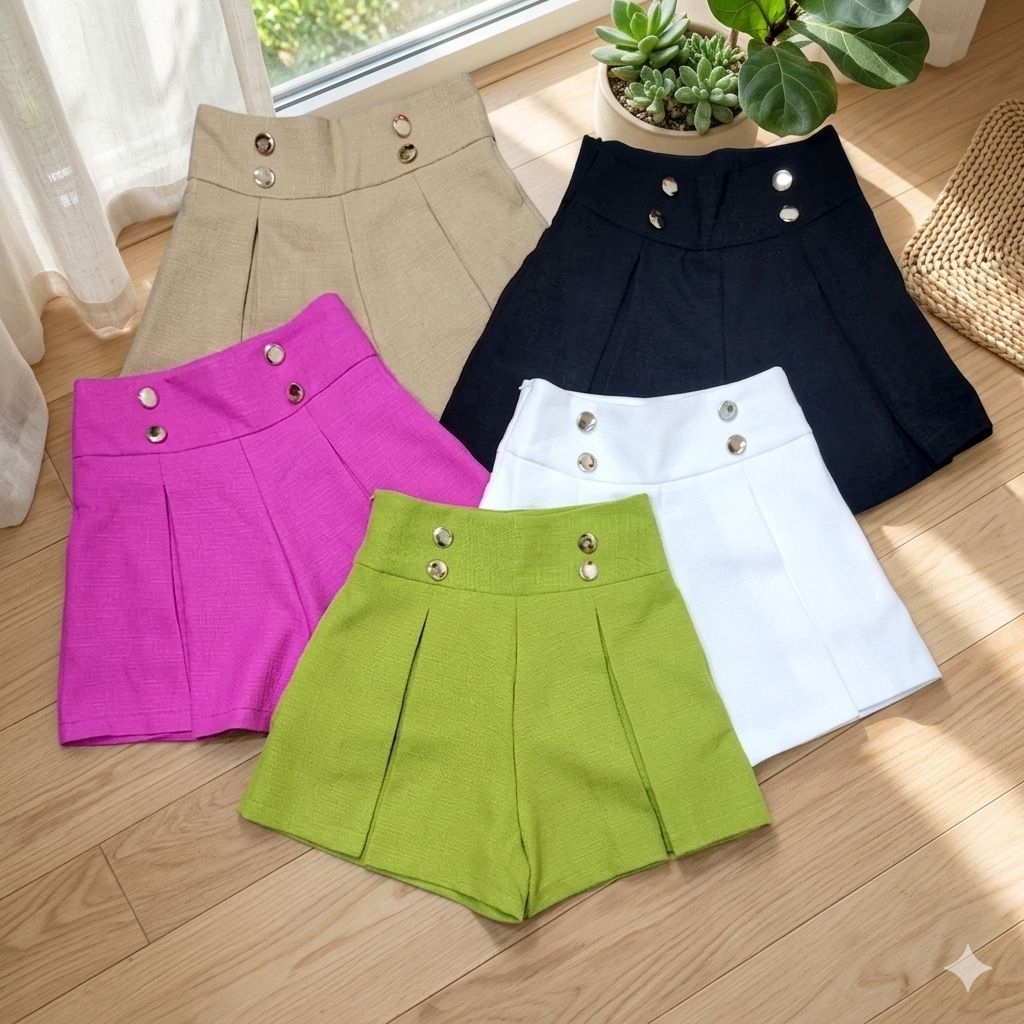 Quần short xếp ly giả váy đính nút