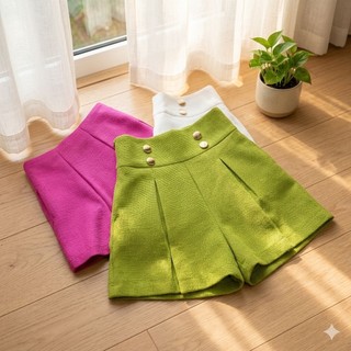 Quần short xếp ly giả váy đính nút