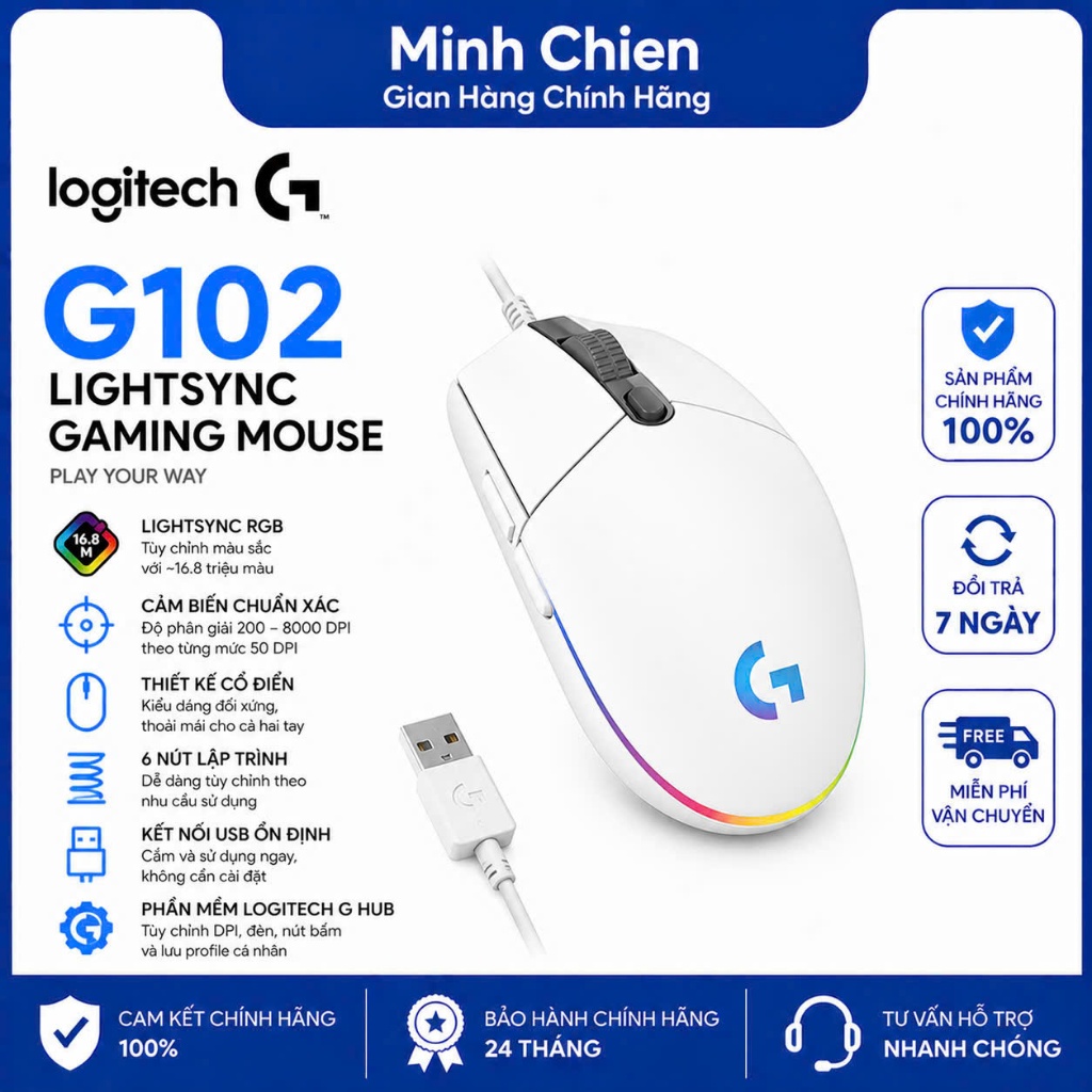 Chuột chơi game Logitech G102 - Đen ( Gen 2 ) Lightsync RGB - Tùy chỉnh Macro - Nhận App G Hub