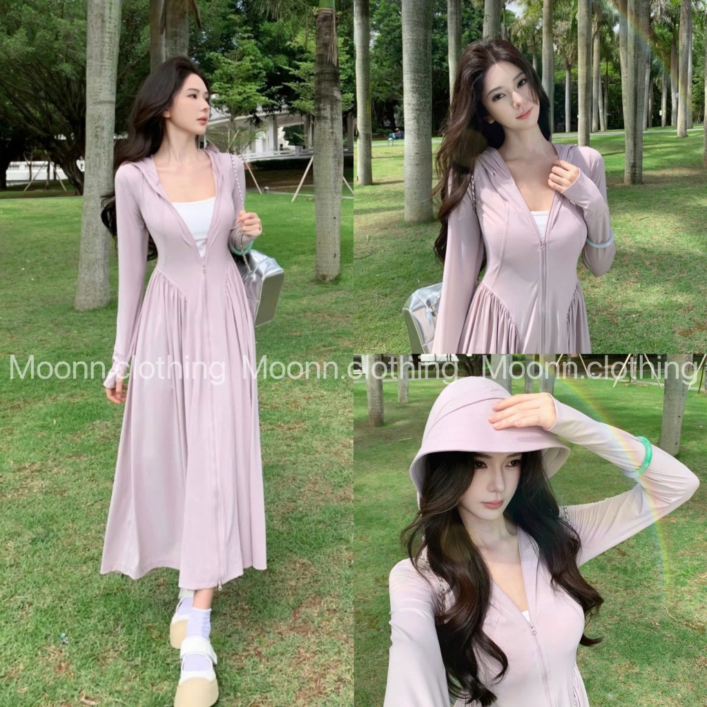 Áo Chống Nắng Toàn Thân Nữ 2 LỚP Dáng Dài chiết eo tôn dáng Có Mũ Rộng Vành Chống Tia UV Chất Thun Lạnh Mềm Mịn