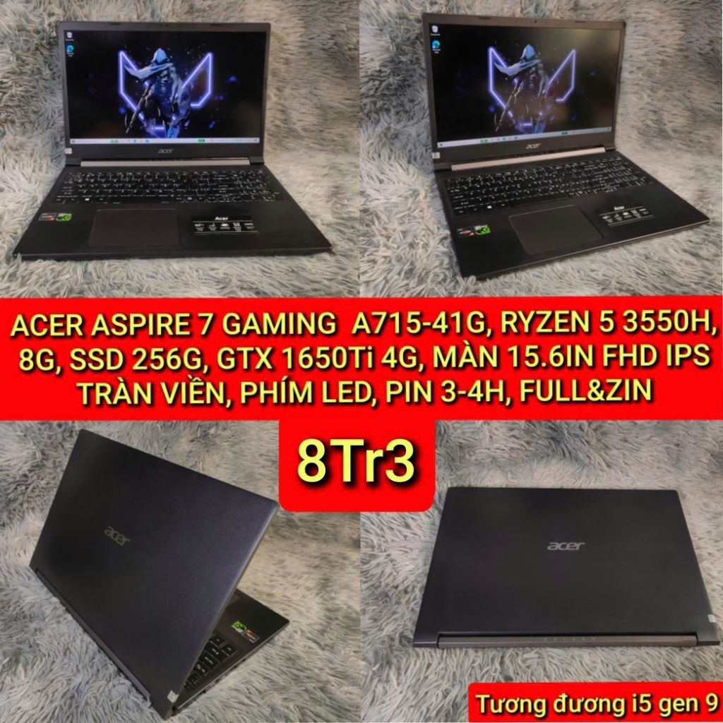 LAPTOP ACER ASPIRE 7 GAMING A715-41G/RYZEN 5 3550H/8G/SSD 256G/GTX 1650Ti 4G/MÀN 15.6IN FHD IPS TRÀN