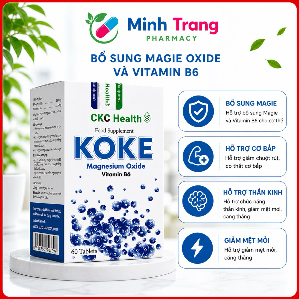 KOKE Magnesium Oxide Vitamin B6 CKC Health Hộp 60 Viên – Bổ Sung Magie, Vitamin B6