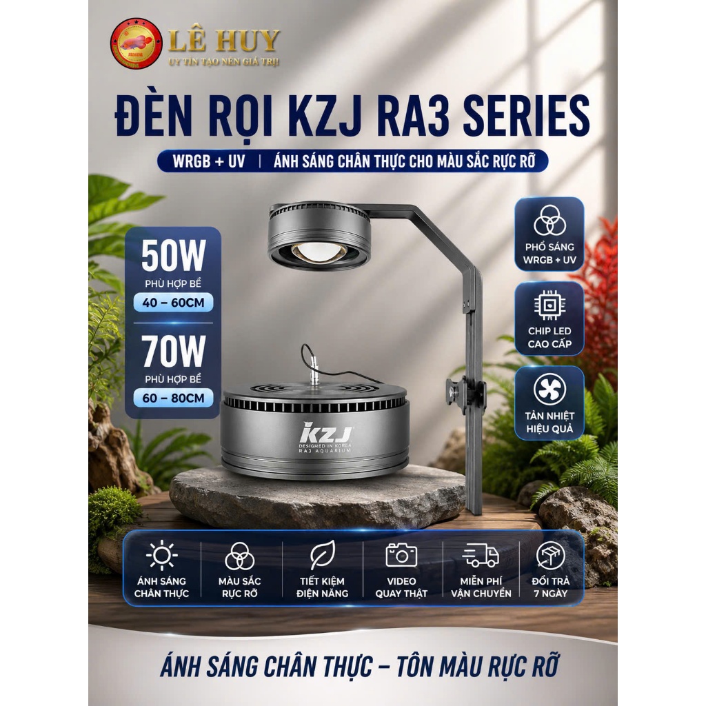 Đèn Rọi Hồ Cá KZJ RA3 50W 70W WRGB + UV – Lên Màu Cá Rồng, Cá Cảnh, Thủy Sinh – Tản Nhiệt Tốt, Kèm G