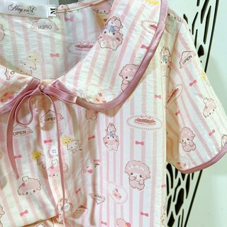 Bộ ngủ cộc tay áo cổ sen dễ thương Cotton, Xô muslin, Lụa, Đũi, Tôn, Lanh, Kate thô DBTK