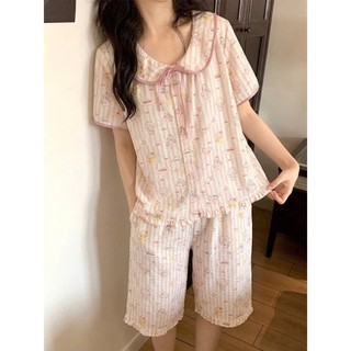 Bộ ngủ cộc tay áo cổ sen dễ thương Cotton, Xô muslin, Lụa, Đũi, Tôn, Lanh, Kate thô DBTK