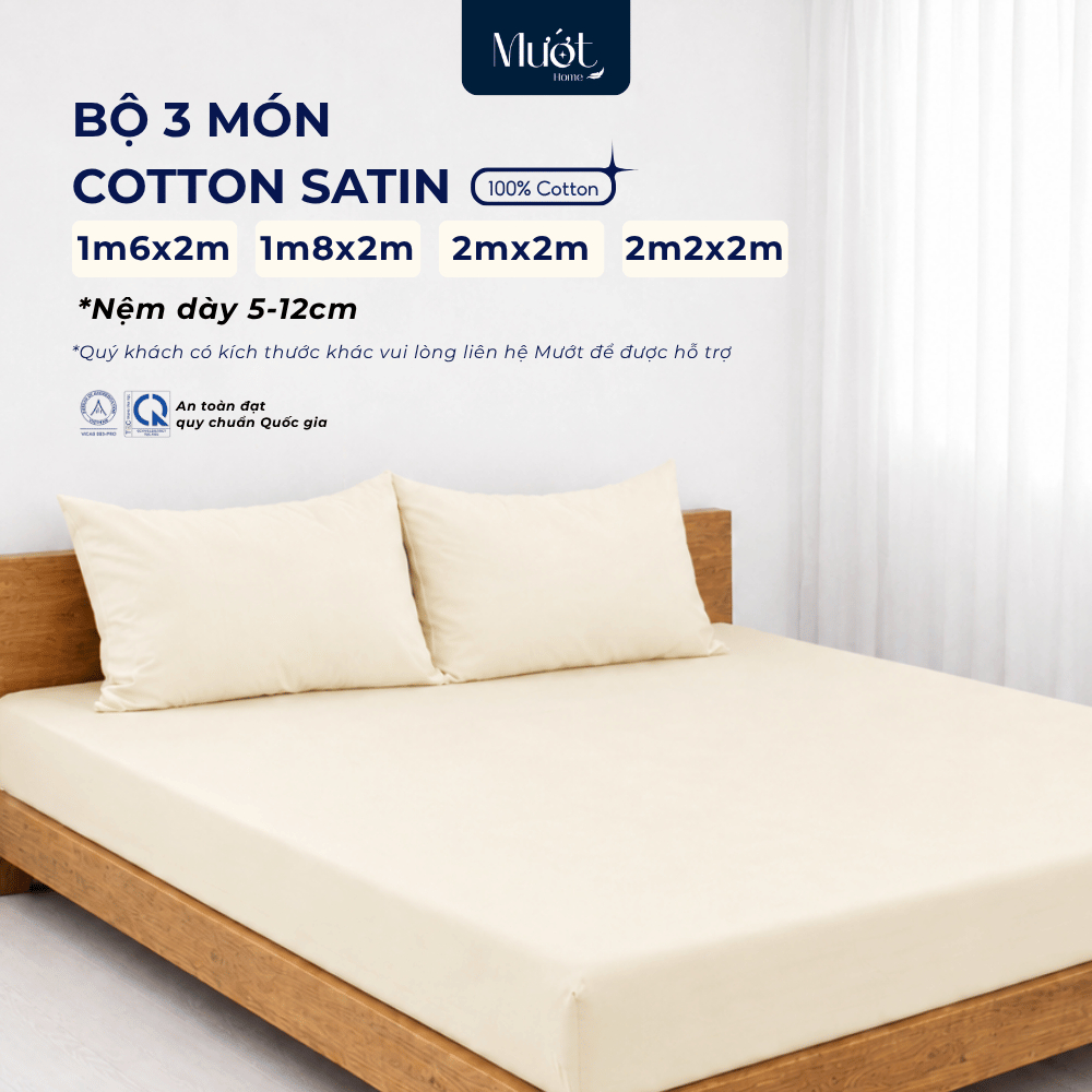 Bộ ga gối 3 món nệm kích thước 1m6x2m, 1m8x2m, 2mx2m, 2m2x2m (5-12cm) Cotton Satin Mướt Home cao cấp