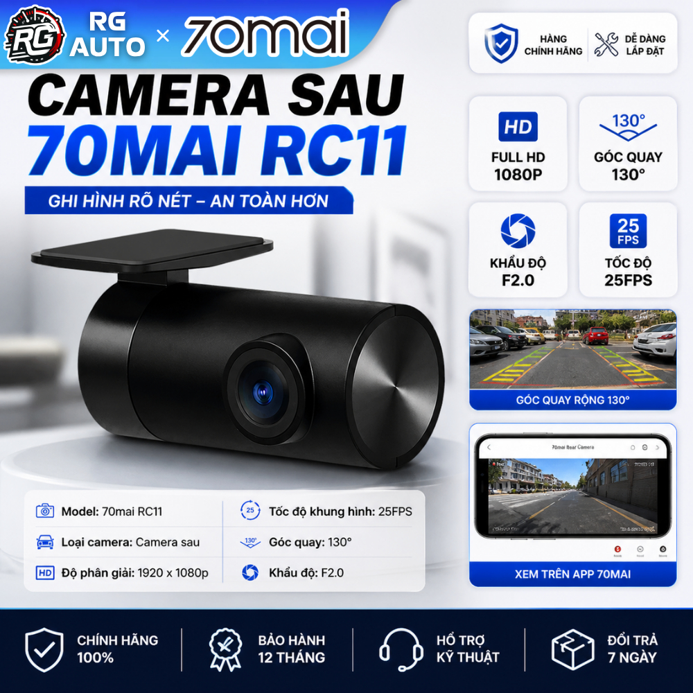 Camera Sau 70MAI RC11 Góc Xoay 130 Độ ,Khẩu độ F2.0 Dùng Cho Camera Hành Trình A810, 800S, A500S,...