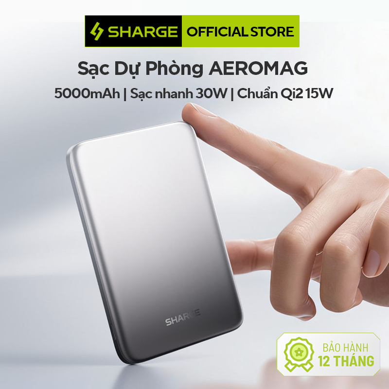 Sạc Dự Phòng Không Dây Qi2 15W Sharge AEROMAG 5| 5000mAh | Sạc Nhanh 30W_Bảo hành 12T
