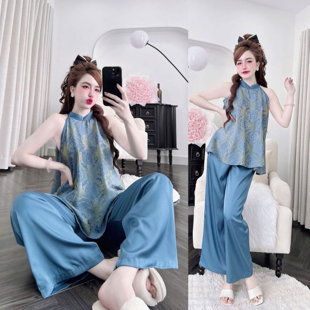 M33 Đồ Ngủ Sexy Quần Dài Miky, Đồ Ngủ Yếm Gấm Tơ Nha Xá Dài Miky Lụa < 70kg M33