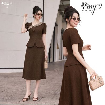 [LƯU Ý SẢN PHẨM CHỈ VÁY] Váy Thiết Kế EMY Thời Trang Cao Cấp V2269 Vải Bố Ruby Nâu Sang Chảnh Đi Tiệc