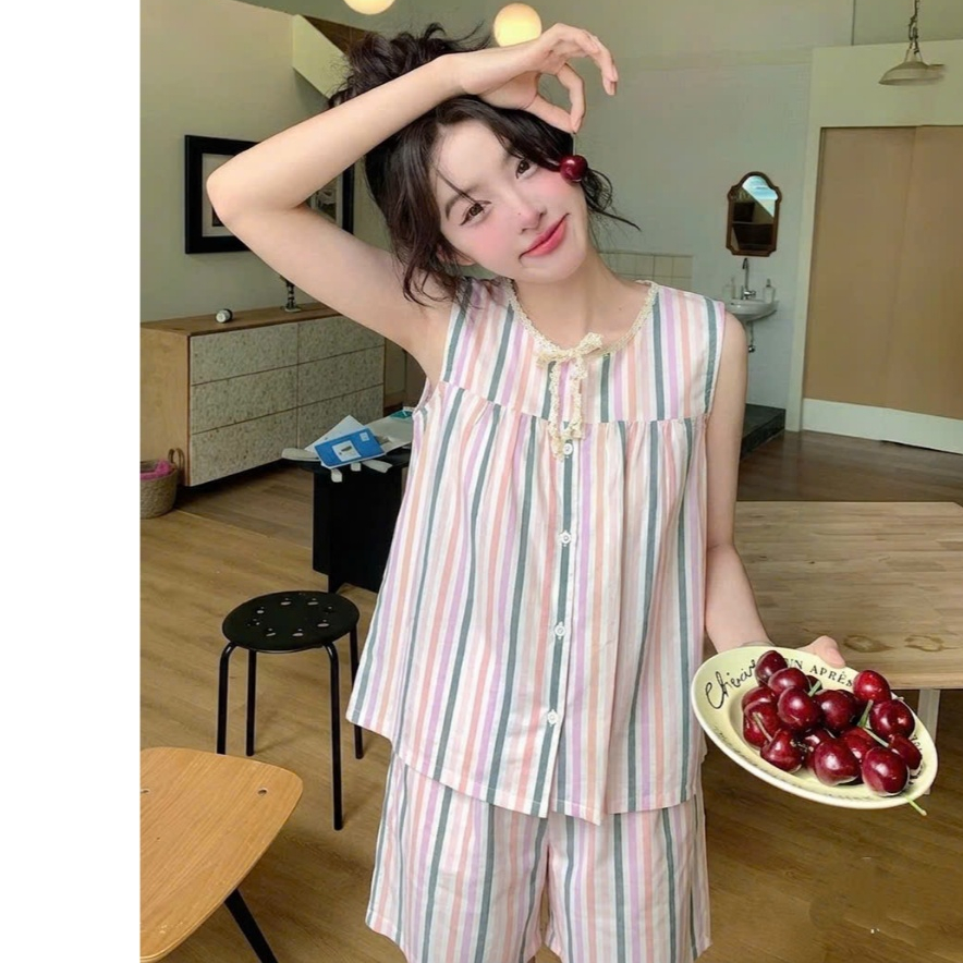 Bộ ngủ ngắn cộc tay áo cổ sen viền bèo dễ thương Cotton, Xô muslin, Lụa, Đũi, Tôn, Lanh, Kate thô DBTK