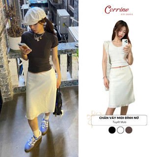 Chân Váy Midi Dáng Suông Cạp Trễ Đính Nơ 𝑪𝒐𝒓𝒓𝒊𝒏𝒆 Váy Lửng Phong Cách Tiểu Thư Cổ Điển Đi Chơi Đi Làm CVL