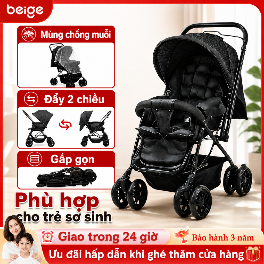Xe đẩy cho bé BEIGE,xe đẩy gấp gọn 2 chiều 3 tư thế đi chơi,xe đẩy du lịch đa tính năng cho mẹ và bé