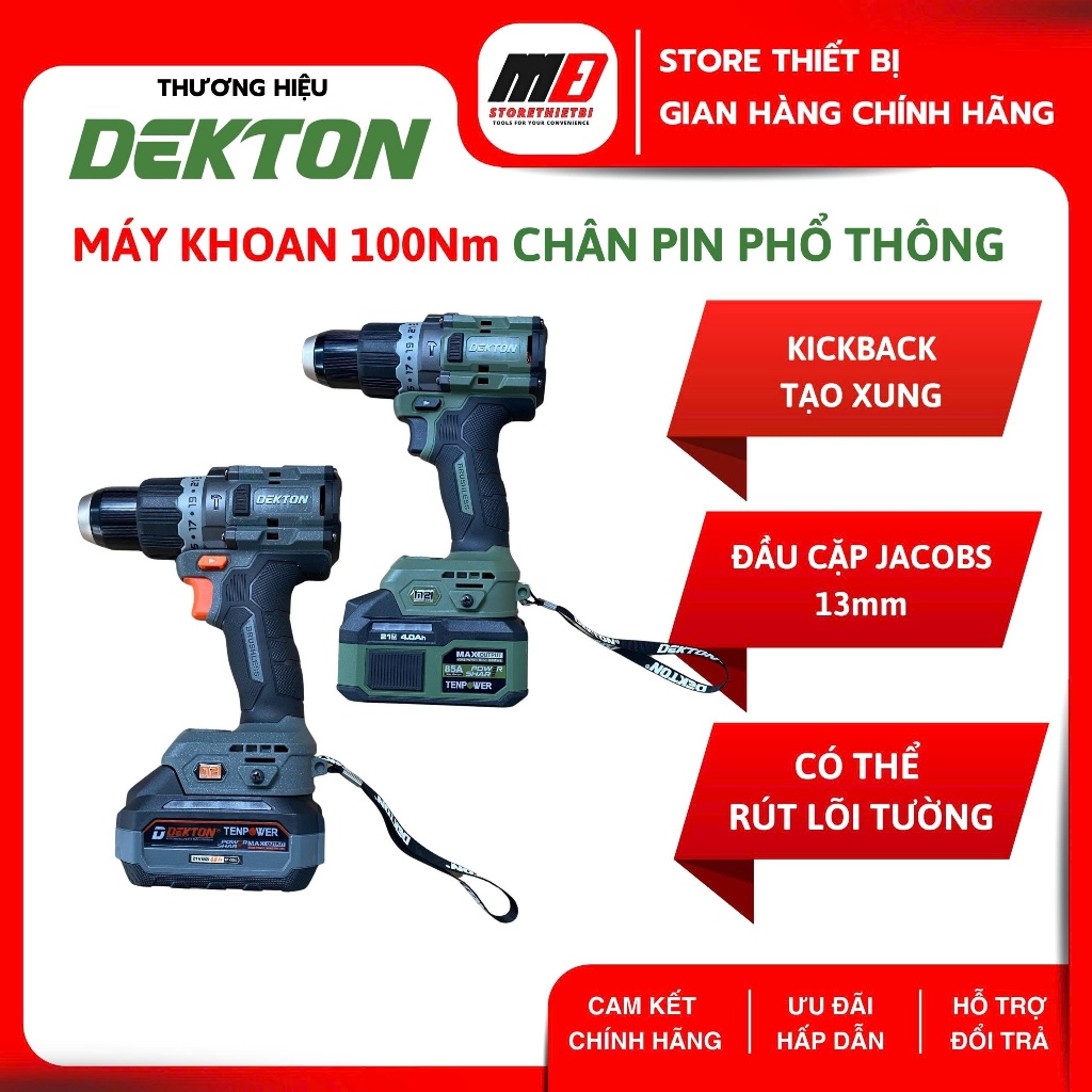 Máy Khoan 3 Chức Năng 100Nm DEKTON  D20-ID13100Plus Có Thêm Tính Năng Tạo Xung - Chân Pin Phổ thông