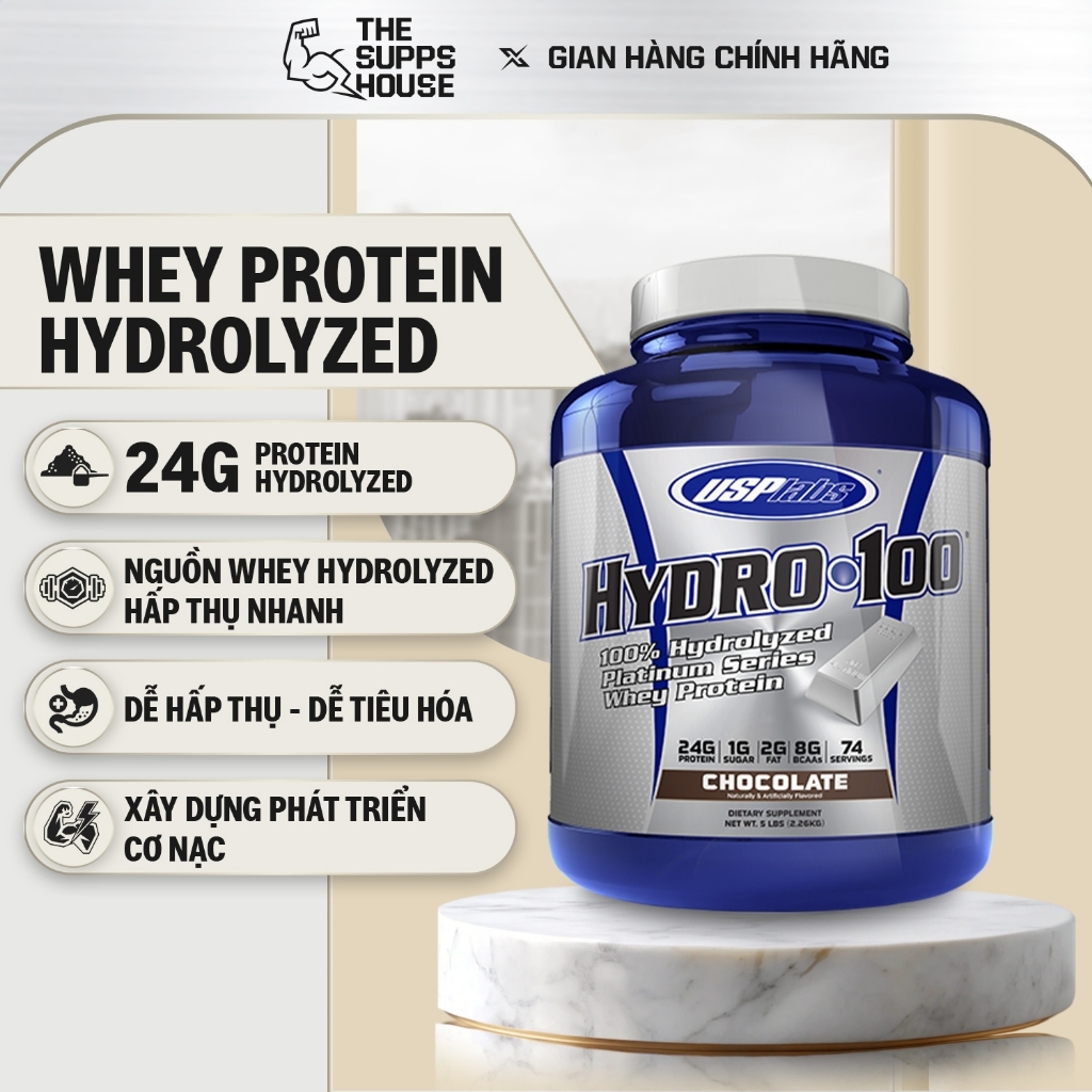 Bột tăng cơ USP Labs Hydro 100 Hydrolyzed Platinum Whey Protein hấp thụ nhanh, hạn chế nóng trong nổ