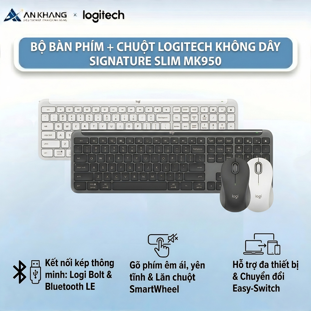 Combo Bàn Phím Chuột Không Dây Logitech Signature Slim MK950,Gõ Êm Giảm Ồn Silent, Bluetooth BH 12T