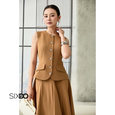 Áo gile nâu cổ tròn phối nắp túi SIXDO (Brown Woven Waistcoat)
