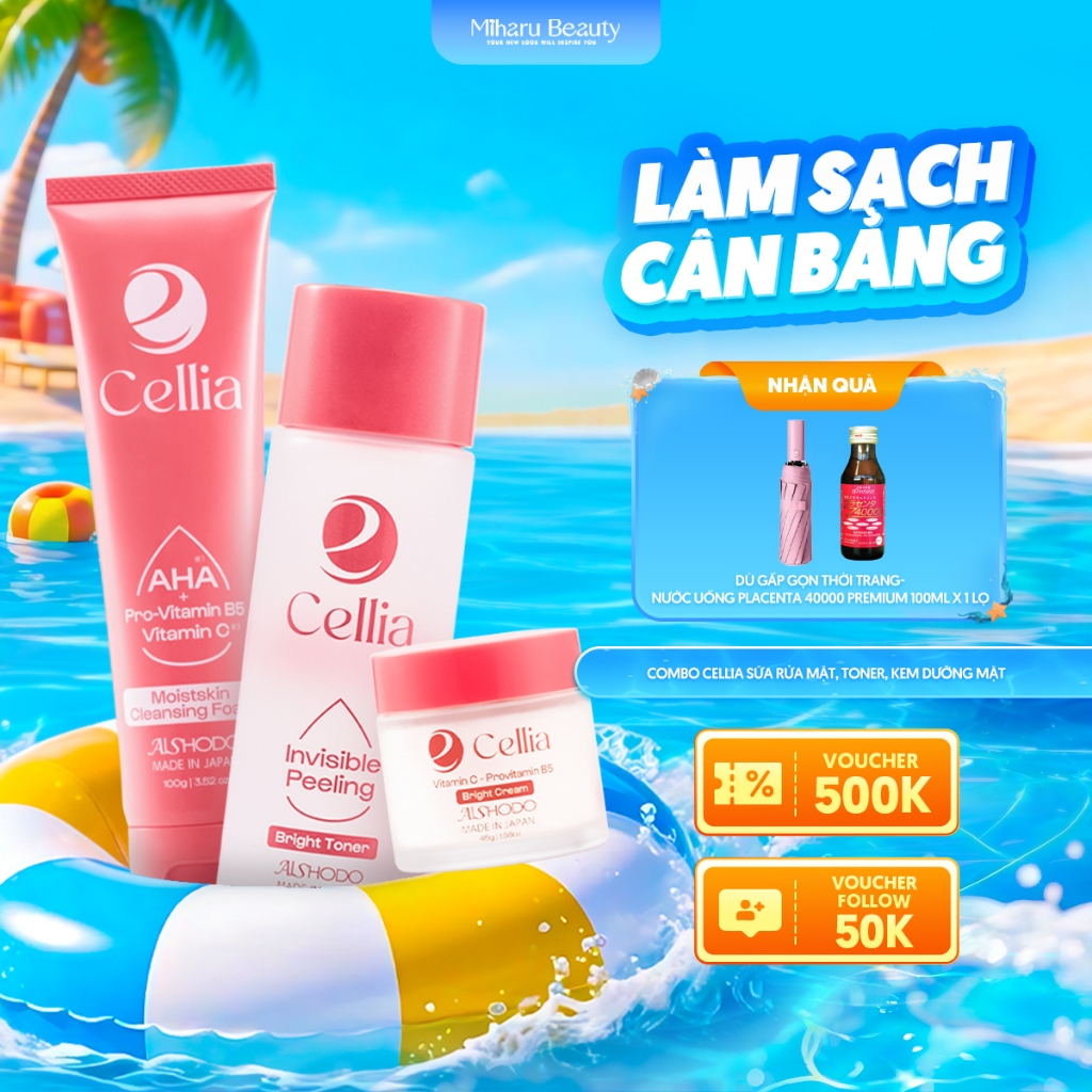 Combo Cellia Sữa rửa mặt, Toner, Kem dưỡng mặt