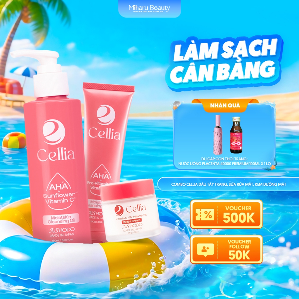 Combo Cellia Dầu tẩy trang, Sữa rửa mặt, Kem dưỡng mặt