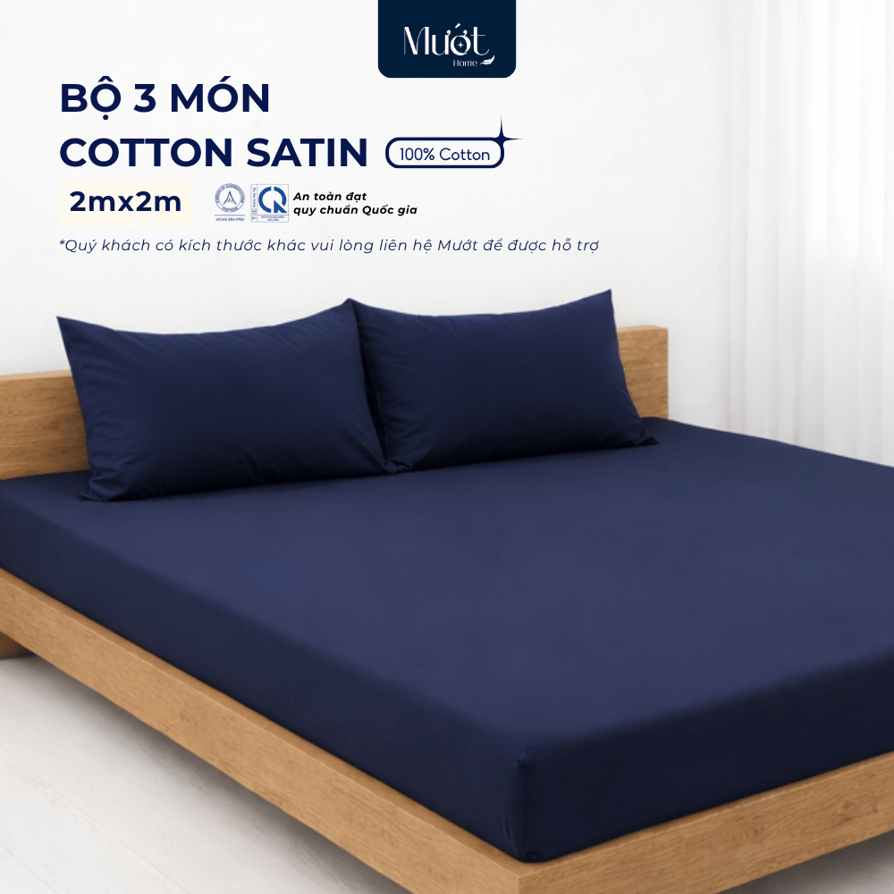 Bộ ga gối 3 món nệm kích thước 2mx2m Cotton Satin Mướt Home cao cấp trơn màu