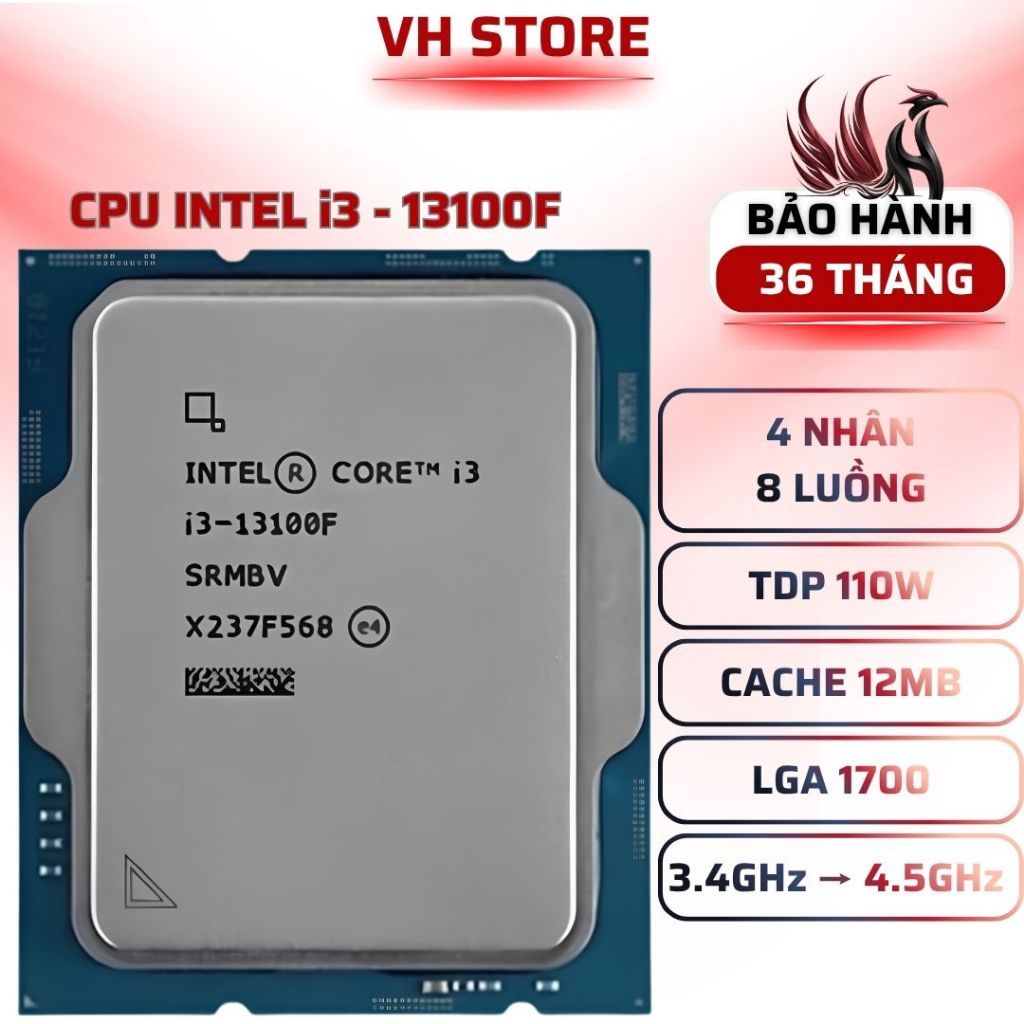 CPU Intel i3-13100F (4C/8T, 4.5GHz) - BẢO HÀNH 36 THÁNG - VHSTORE