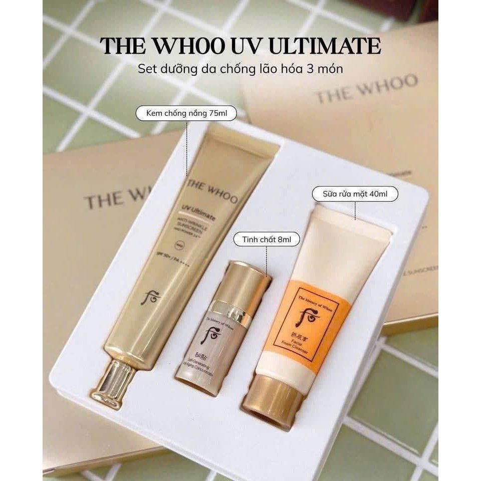 Set Kem Chống Nắng, Sữa Rửa Mặt Và Serum Whoo UV Ultimate 3 Món The WHOO