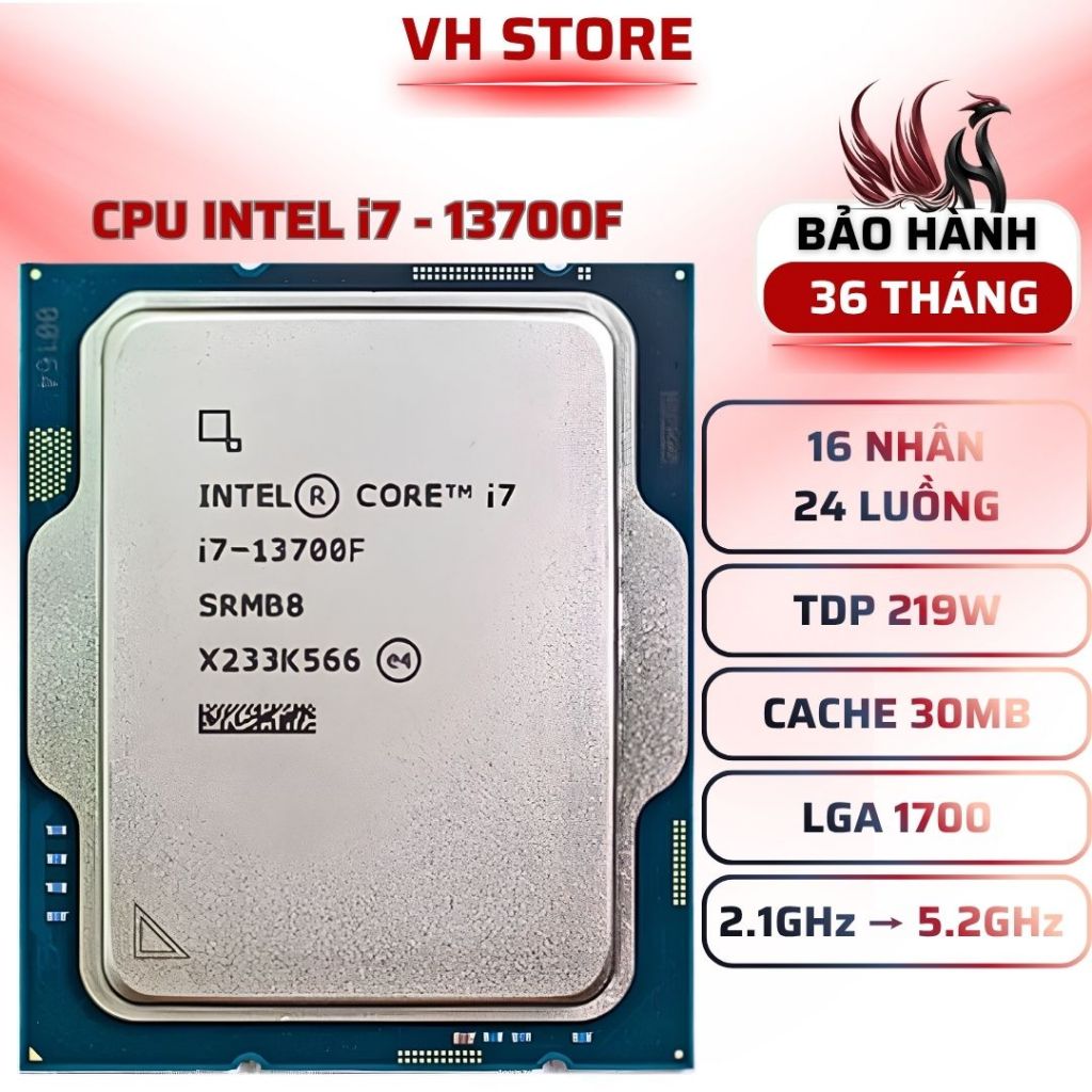 CPU Intel i7-13700F (16C/24T, 5.2GHz) Gen 13 - BẢO HÀNH 36 THÁNG - VHSTORE