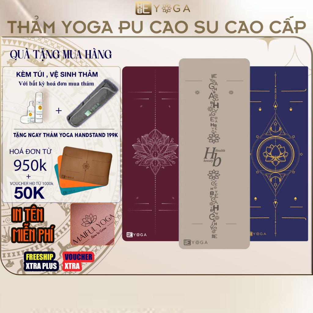 Thảm Tập Yoga Gym Định Tuyến Kèm Túi YOGA HBE Cao Su PU ±5mm Siêu Bám Hút Mồ…