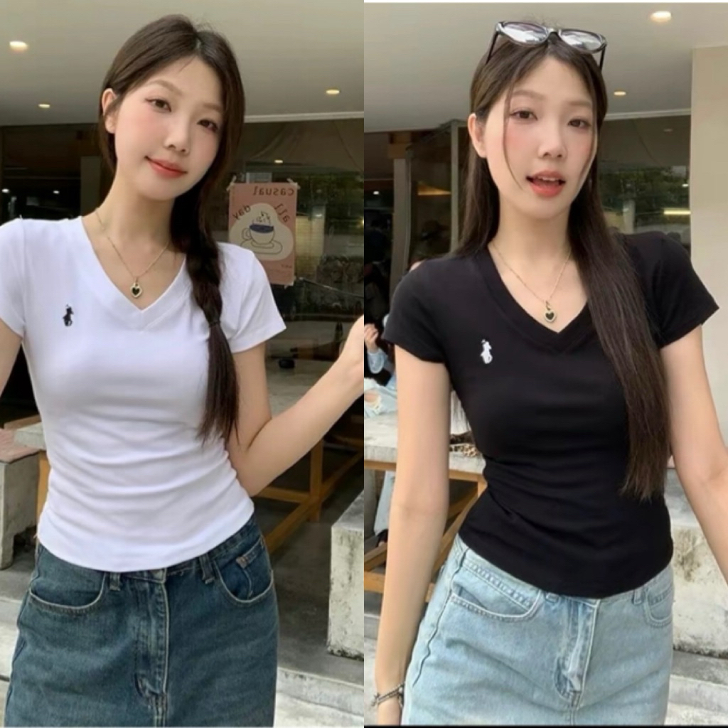 Áo Thun Nữ , Áo Thun Cotton Cổ Tim Thêu Ngựaaa