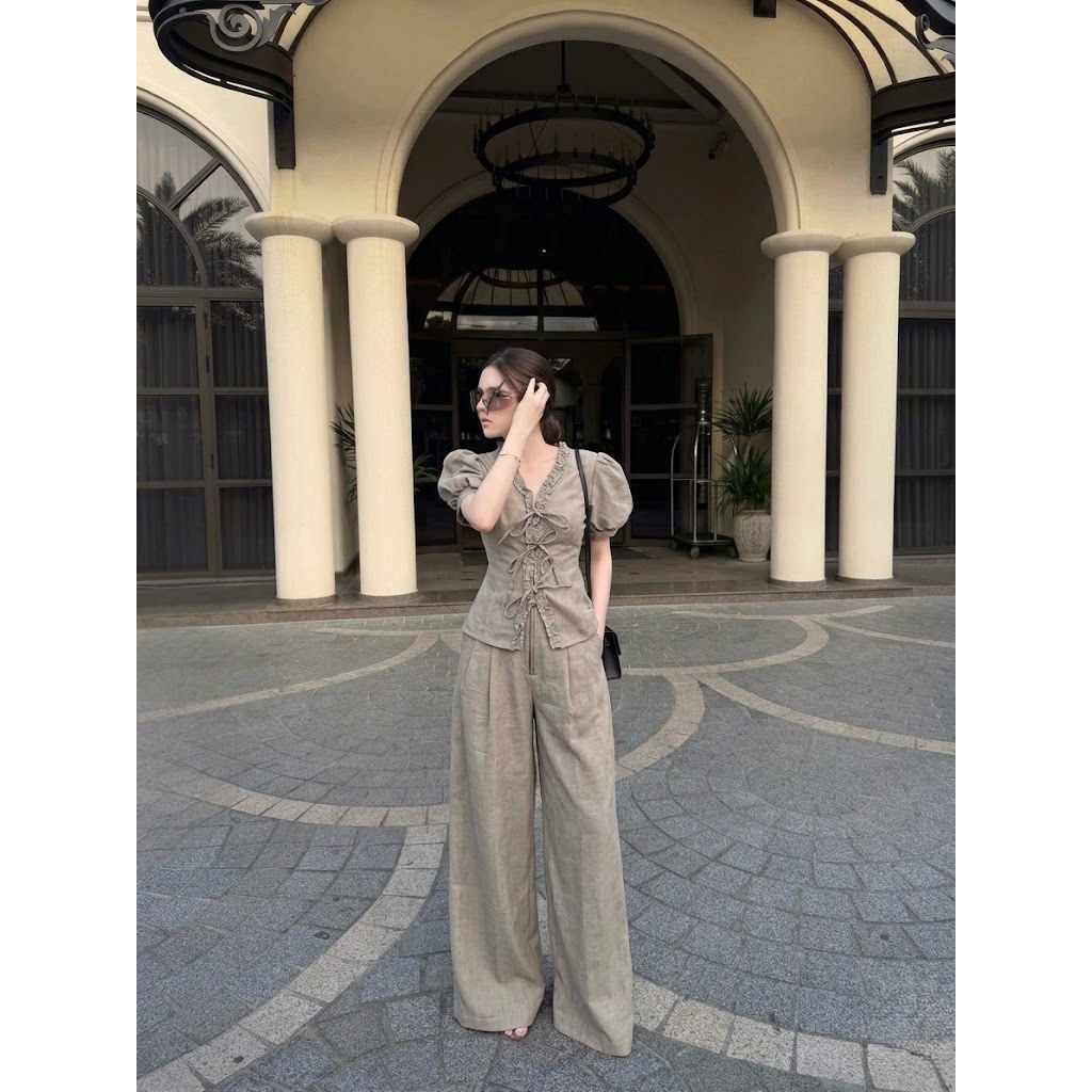 Set áo đan dây kèm quần ống rộng dài by Ashley Studio