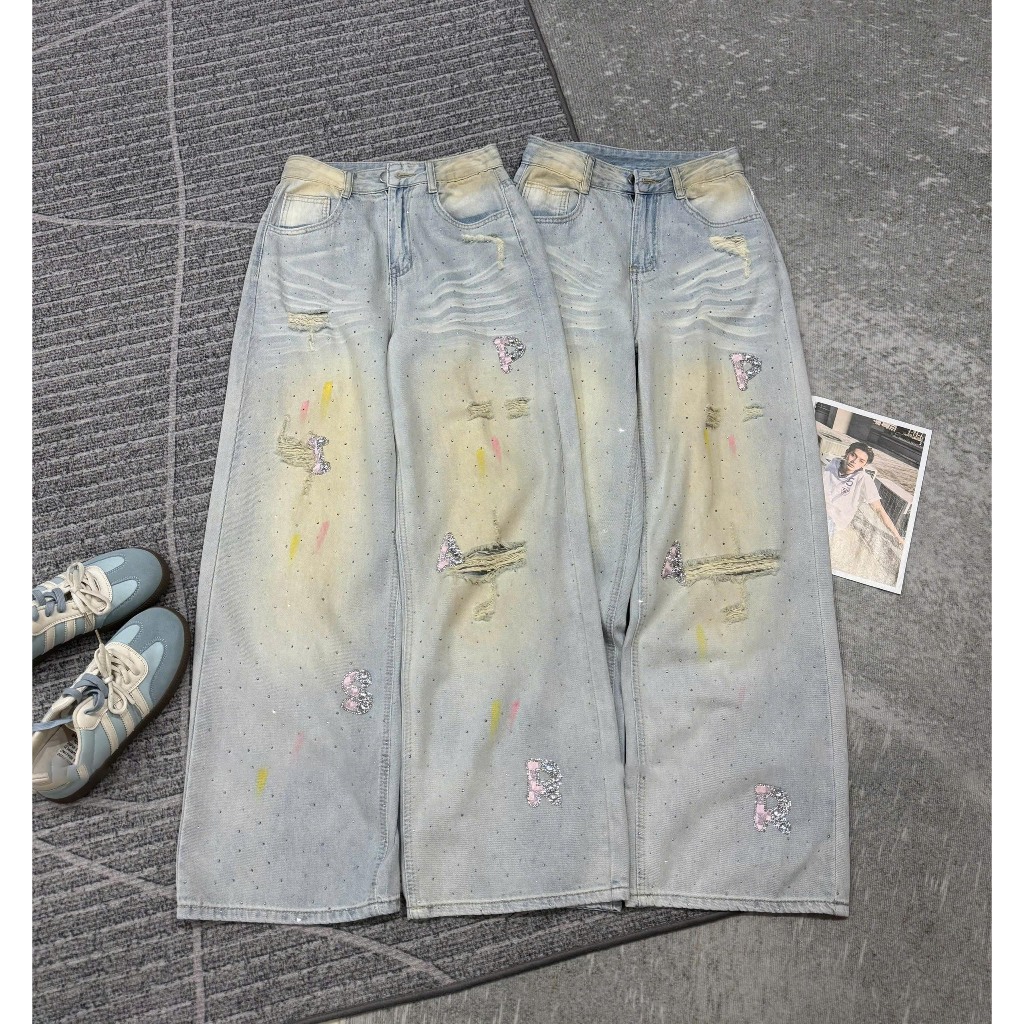 [Follow shop nhận mã 10k] Quần dài jeans bò suông loang xanh đính đá UMEE STORE QD1439 90672