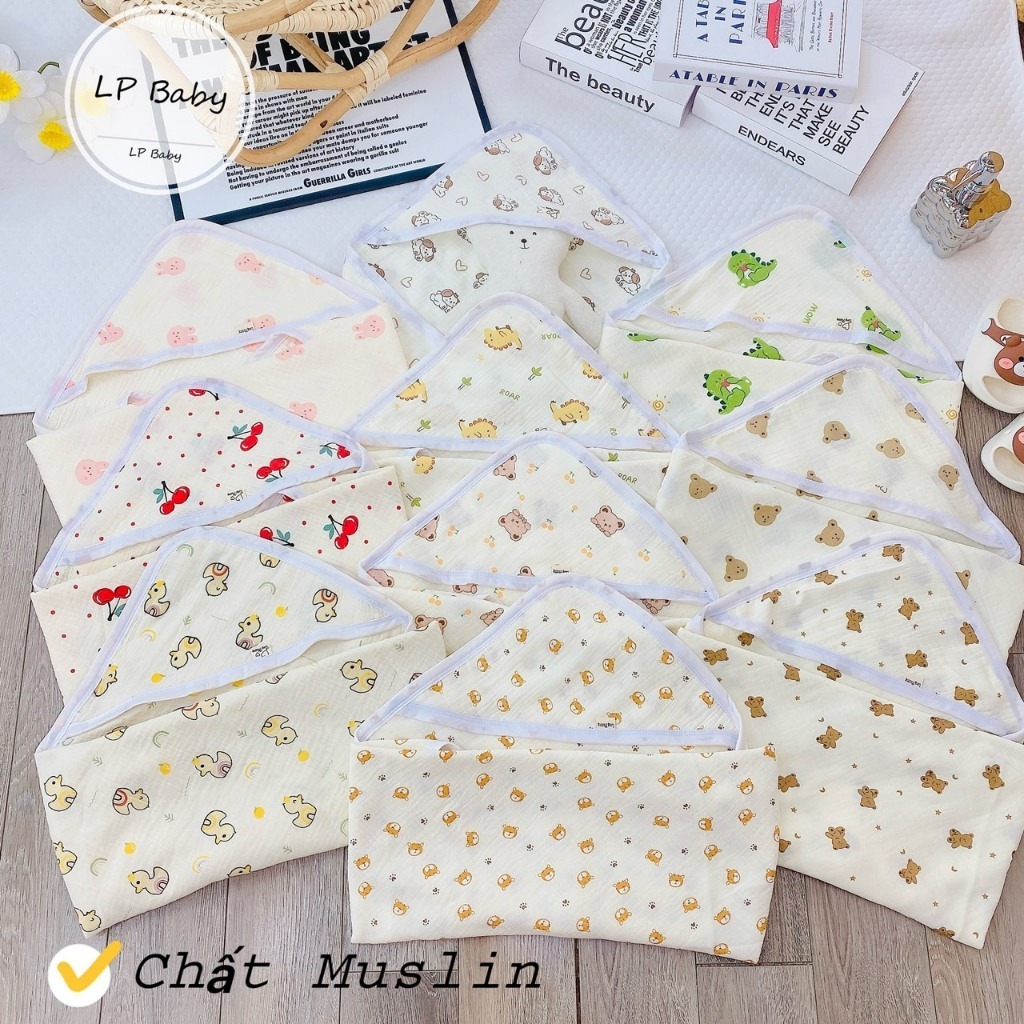 Ủ Choàng Xô, Chăn Ủ Xô Muslin 4 Lớp Có Mũ 75x75cm