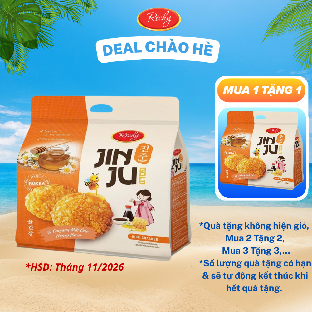 [MUA 1 TẶNG 1, MUA 2 TẶNG 2,..- HSD: Tháng 11/2026] Bánh Gạo Richy Jinju Gold Vị Ganjang Mật Ong Túi