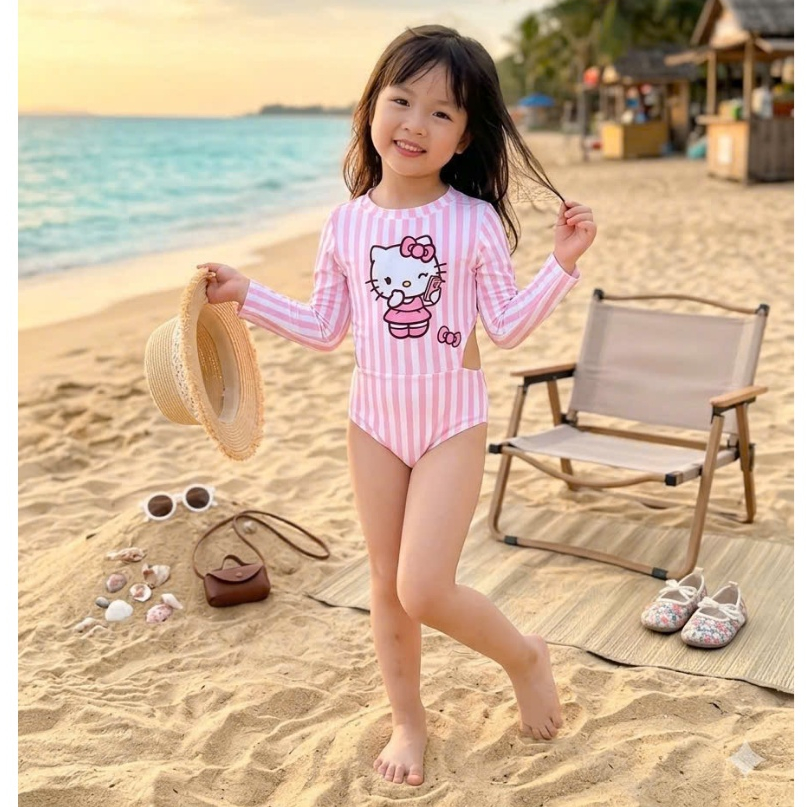[SẴN SHIP HỎA TỐC] Đồ bơi bé gái, Áo tắm, Bộ bơi body dài tay chống nắng chất co dãn 4 chiều kẻ Kitt