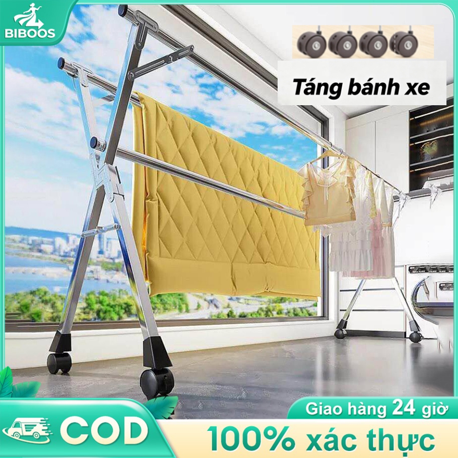 Giàn Phơi Quần Áo Thông Minh Gấp Gọn Có Bánh Xe Sào Mạ Kẽm Chống Gỉ Chống Gió 1M6-2M4 Đa Năng Cao Cấp Siêu Bền Tiện Lợi