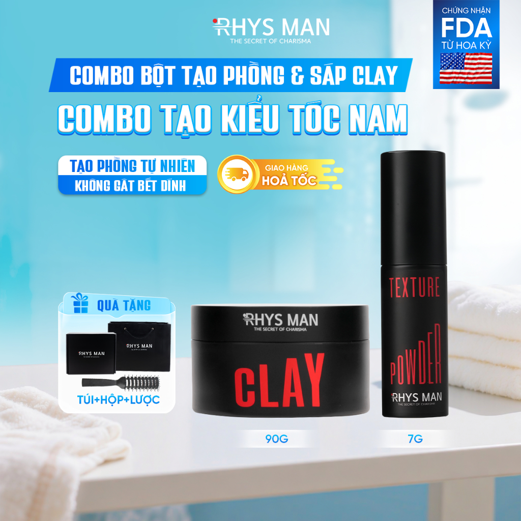 Combo - Bột phồng tóc 7g & Sáp vuốt tóc 3S Airy Texture Clay 90g Rhys Man