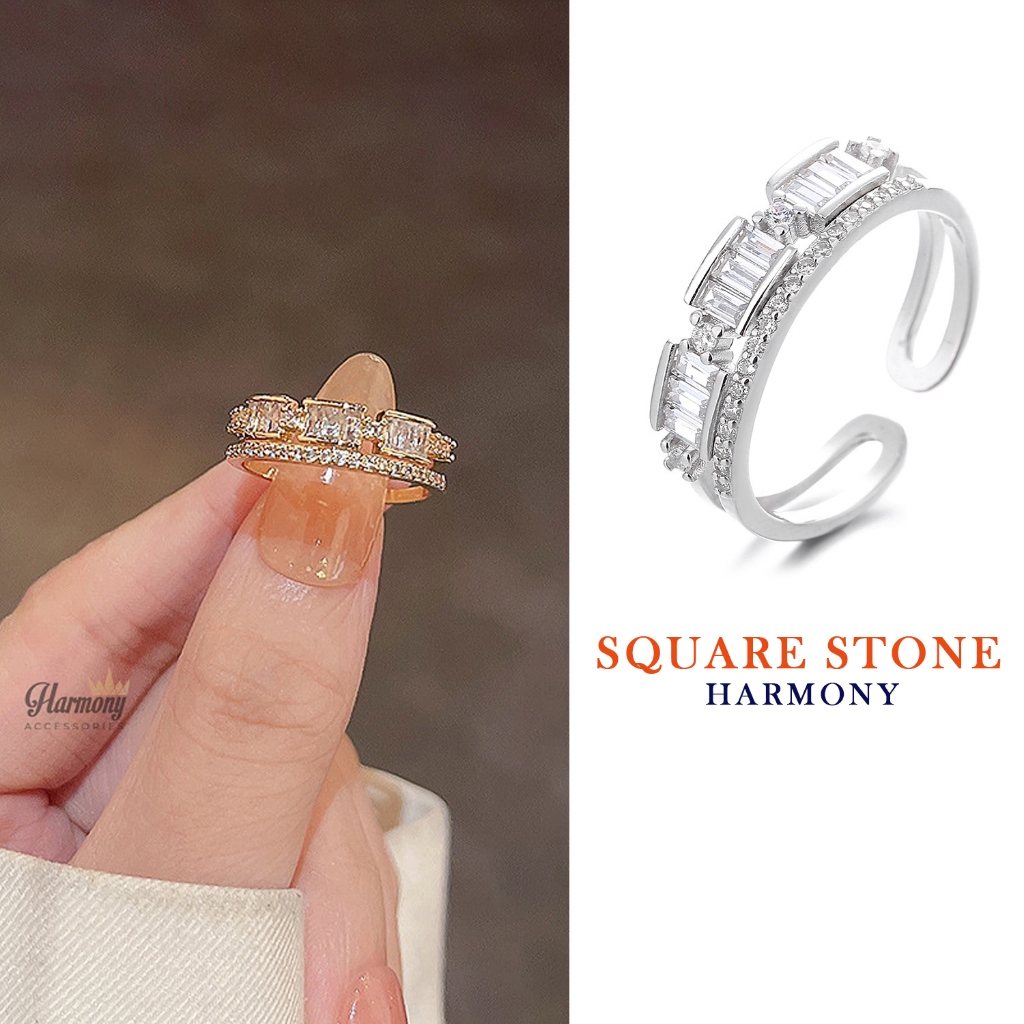 Nhẫn nữ bạc 925 cao cấp 2 màu thiết kế dải đá vuông sang trọng dáng mở freesize | HARMONY ACCESSORIE