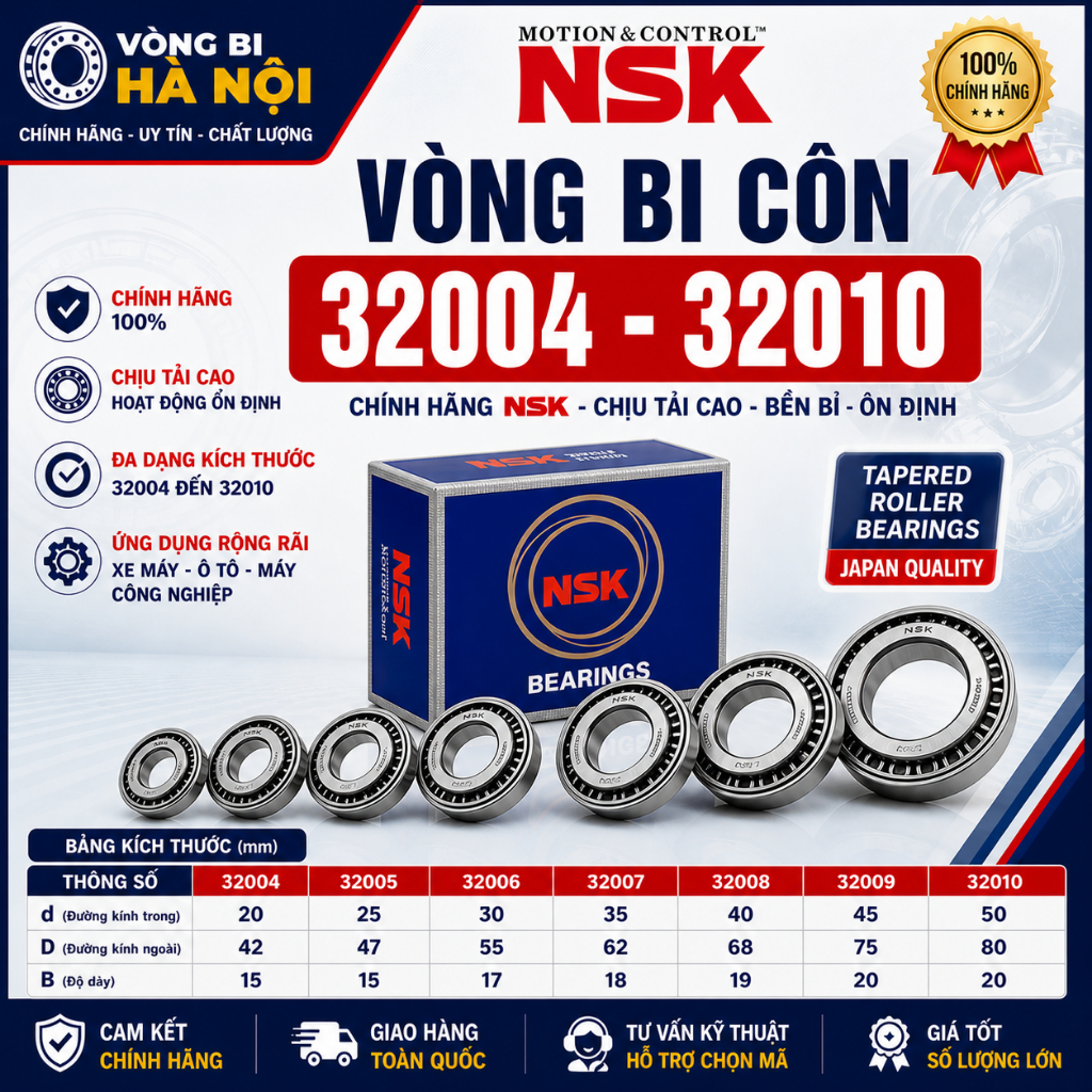Vòng Bi Côn 32008 NSK Chính Hãng - Bạc Đạn 32008 Chịu Tải Tốt, Tốc Độ Cao, Bền Bỉ  - Vòng Bi Hà Nội