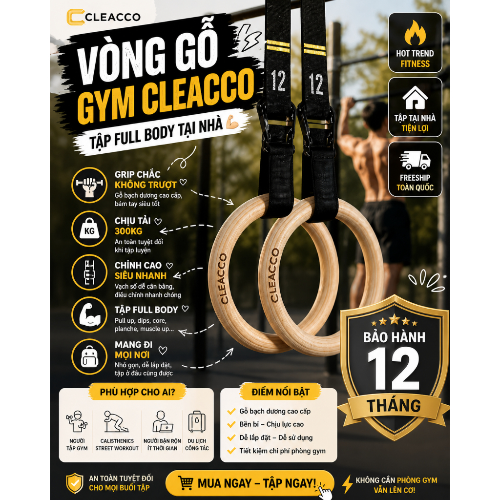 Bộ Dây Vòng Treo Xà Bảo Hành 12 Tháng Vòng Tập Gymnastic Rings Dây Có Vạch Đo Số Khóa hợp kim chống 