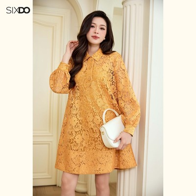 Đầm suông ren vàng dài tay cổ đức SIXDO (Yellow Lace Loose Dress)