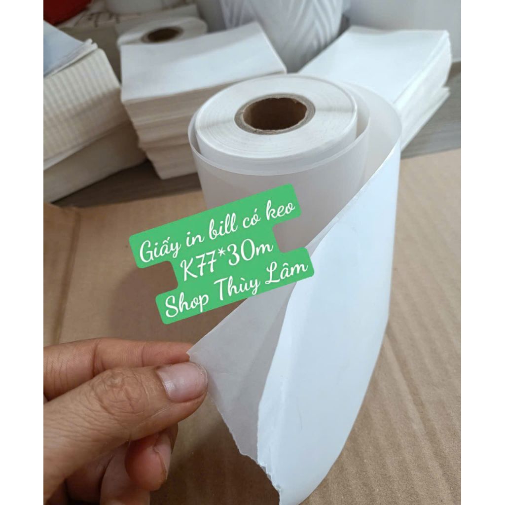 Giấy in bill K80 có keo bóc dán dài liên tục 30 mét. Decal nhiệt K77*30m dùng cho máy in hóa đơn K80