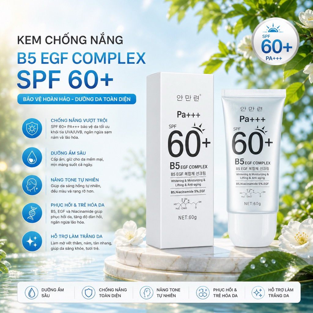 Kem Chống Nắng B5 EGF SPF60+ PA+++ Dưỡng Ẩm Trắng Da, Nâng Tone Nhẹ Không Bết Dính 60g