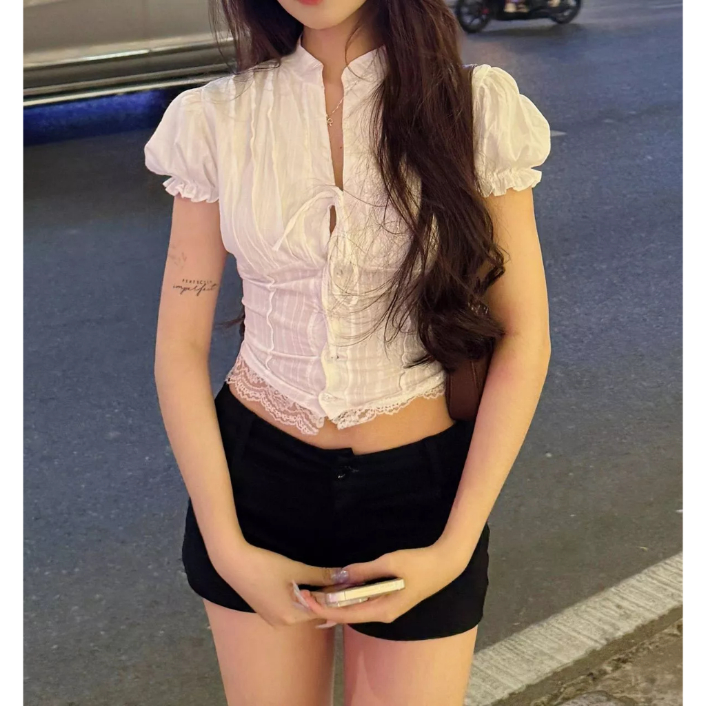 Áo Kiểu Nữ Dáng Croptop Chi Tiết Cổ Tàu Tay Bồng Cột Dây Nơ, Áo Kiểu Nữ Siêu Hot Hit Phù Hợp Đi Chơi Đi Du Lịch - KA832 | BigBuy360 - bigbuy360.vn