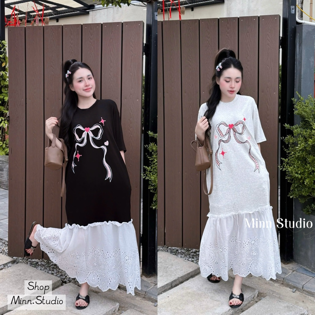 [Minn.Studio] Váy Cotton In Nơ Hồng Phối Chân Thô Boil